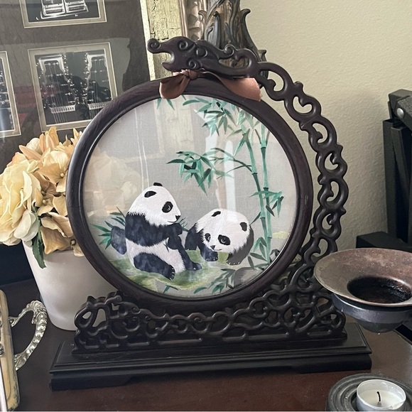 Chinese Panda Suzhou Table Silk Embroidery Double Sided Wooden Screen - Picture 10 of 12